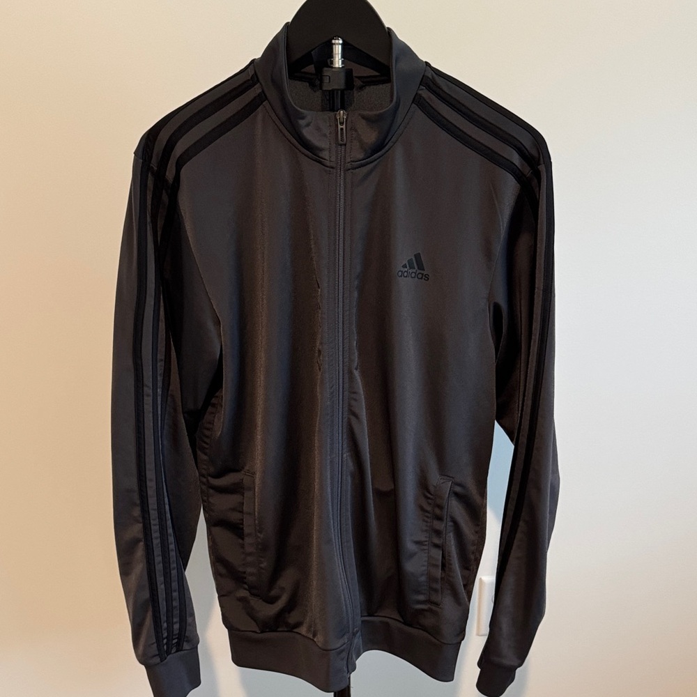 Adidas Dark Gray & Black Athletic Track Jacket with Three-Stripe Detail Medium